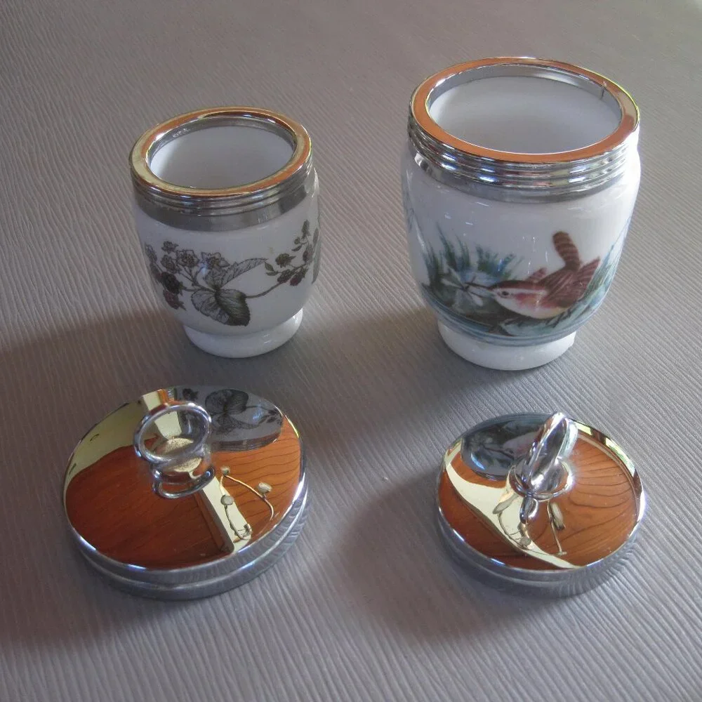 Set of 2 Royal Worcester Egg Coddlers - Woodland Birds Wren & Finch SM Berries